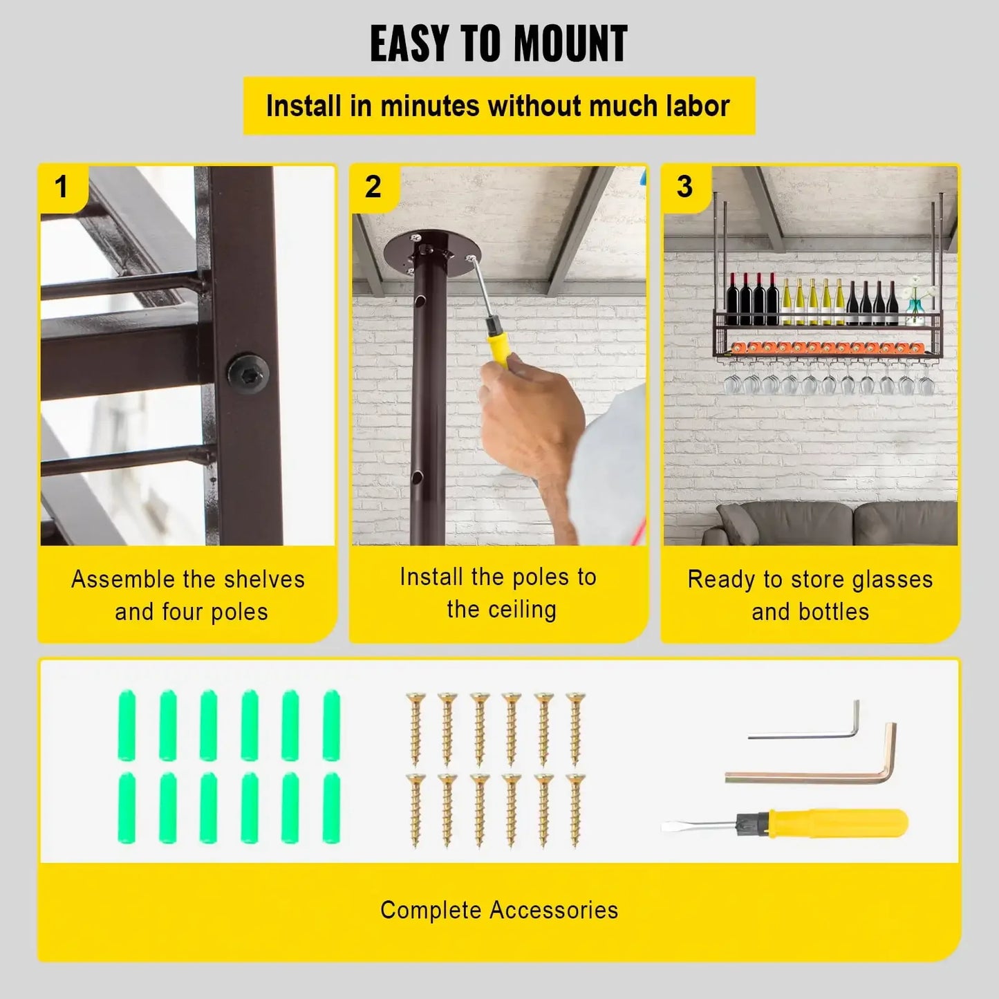 Ceiling Wine Glass Rack 46.9 Inch Adjustable Wall-Mounted Storage Rack