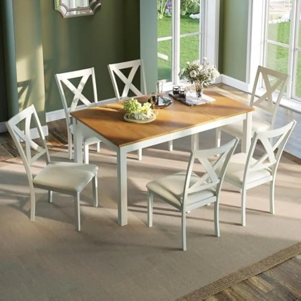7-Piece Rustic Farmhouse Solid Wood Dining Table Set with 6 Chairs