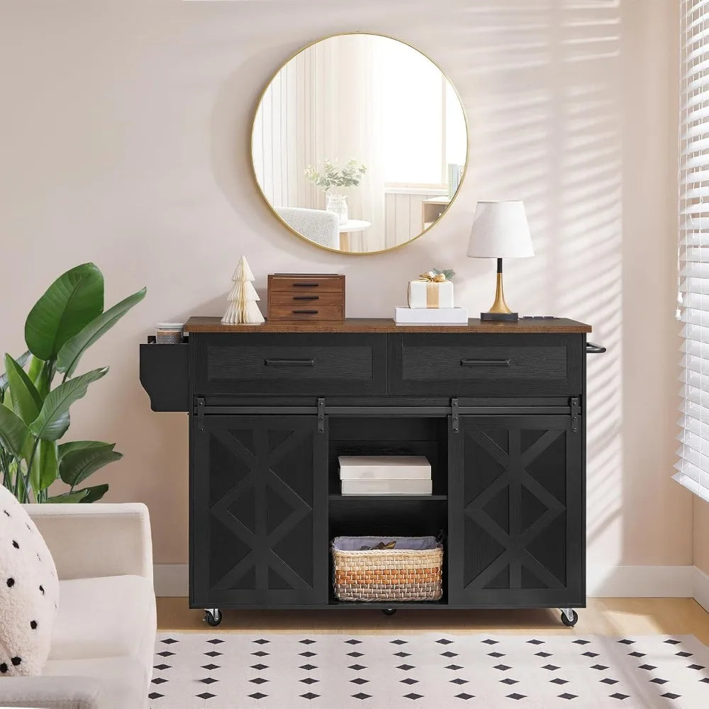 Kitchen Island Cart with Storage Power Outlet Rolling Barn Doors