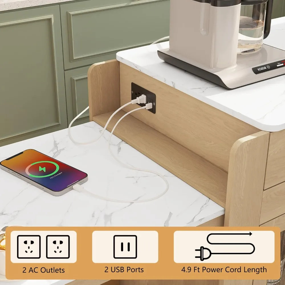 Kitchen Island with Extendable Table Power Outlets Rolling Cart