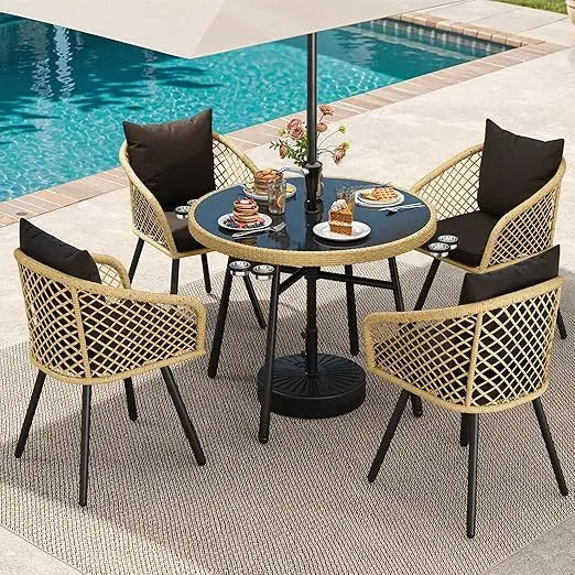5 Piece Outdoor Dining Set with Rattan Chairs and Glass Top Table