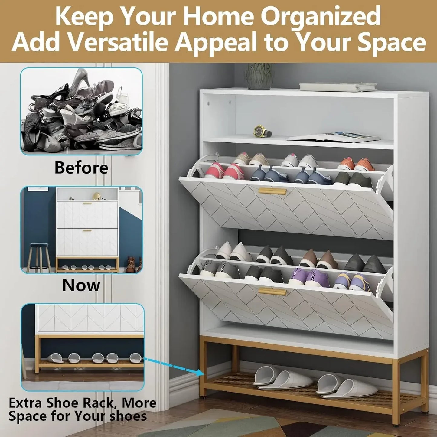 Shoe Cabinet with 2 Flip Drawers Narrow Entryway Organizer Storage