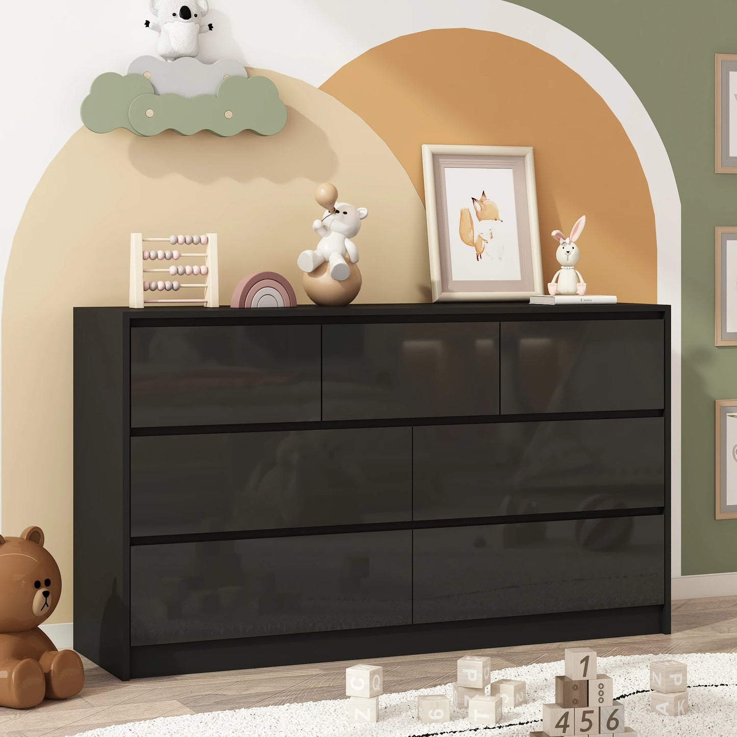 Modern 7 Drawer Dresser Spacious Storage High Gloss Bedroom Furniture