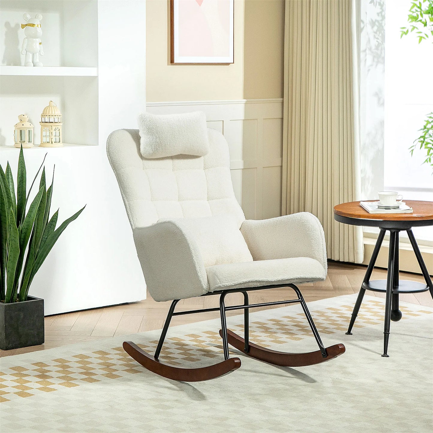 Modern Boucle Rocking Chair with Headrest and Lumbar Pillow