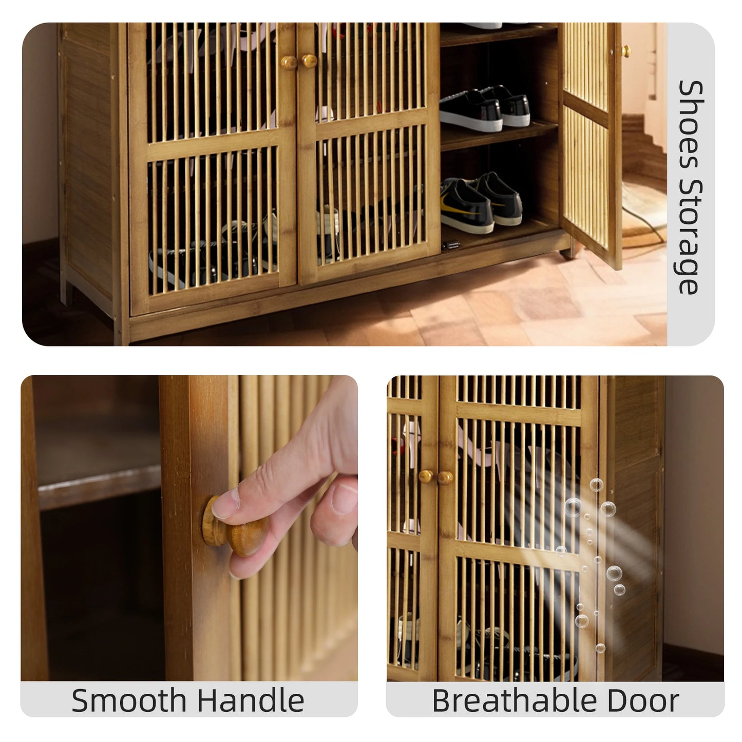 4 Tier Bamboo Shoe Storage Cabinet Wooden Shoes Rack with Hollow Doors