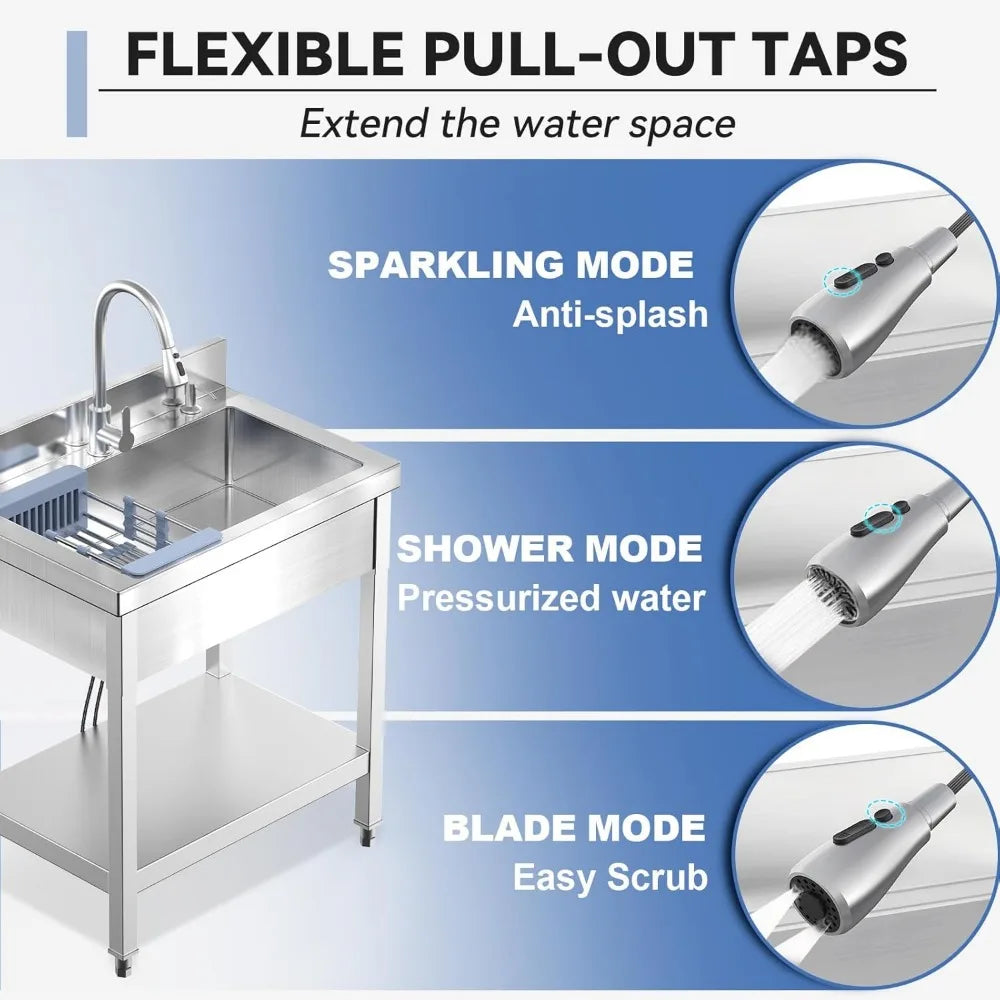 Stainless Steel Utility Sink with Pull-Out Faucet for Kitchen and Laundry