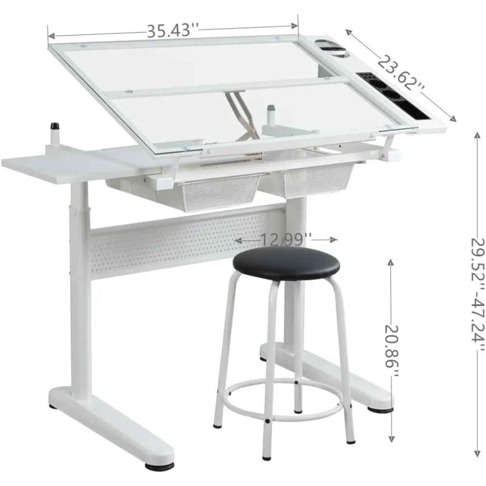 Hand Adjustable Drafting Table Artist Desk with Tilting Glass Top