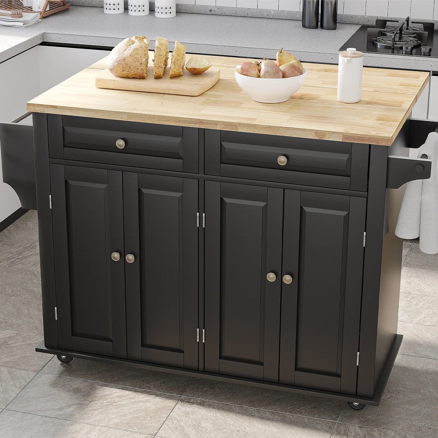 Rolling Kitchen Island on Wheels with Drop Leaf Storage Cabinet