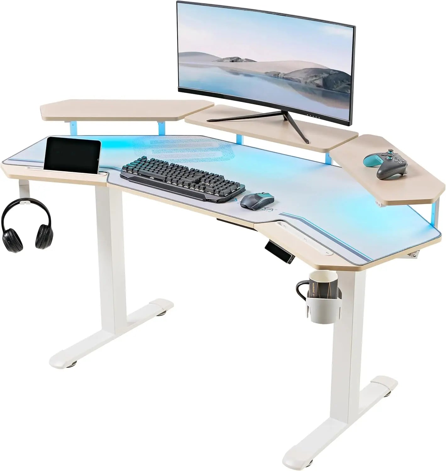 Gaming Desk Adjustable Height Standing Desk 63 Inch Wing Shaped Workstation