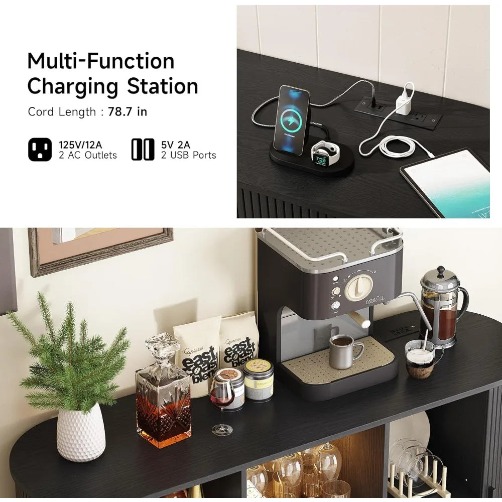 Modern 55 Inch Wine Bar Cabinet LED Lighting Whiskey Coffee Station