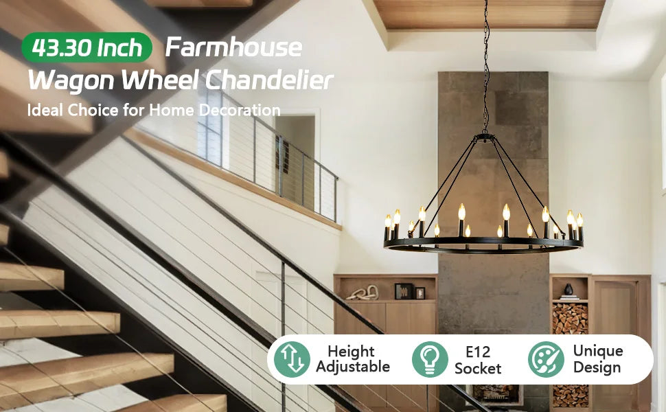 16-Light Wagon Wheel Chandelier Modern Rustic Pendant Light for Home