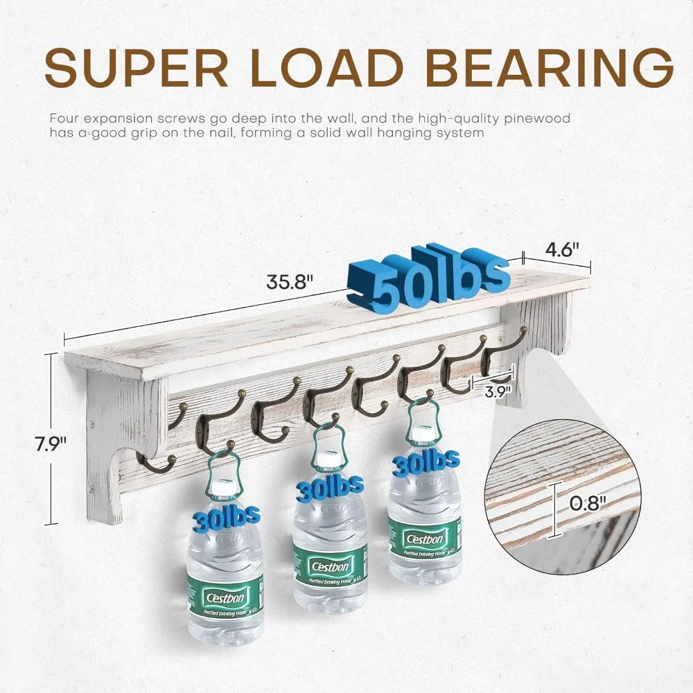 Rustic Wood Coat Rack Wall Mount with Shelf for Entryway Storage