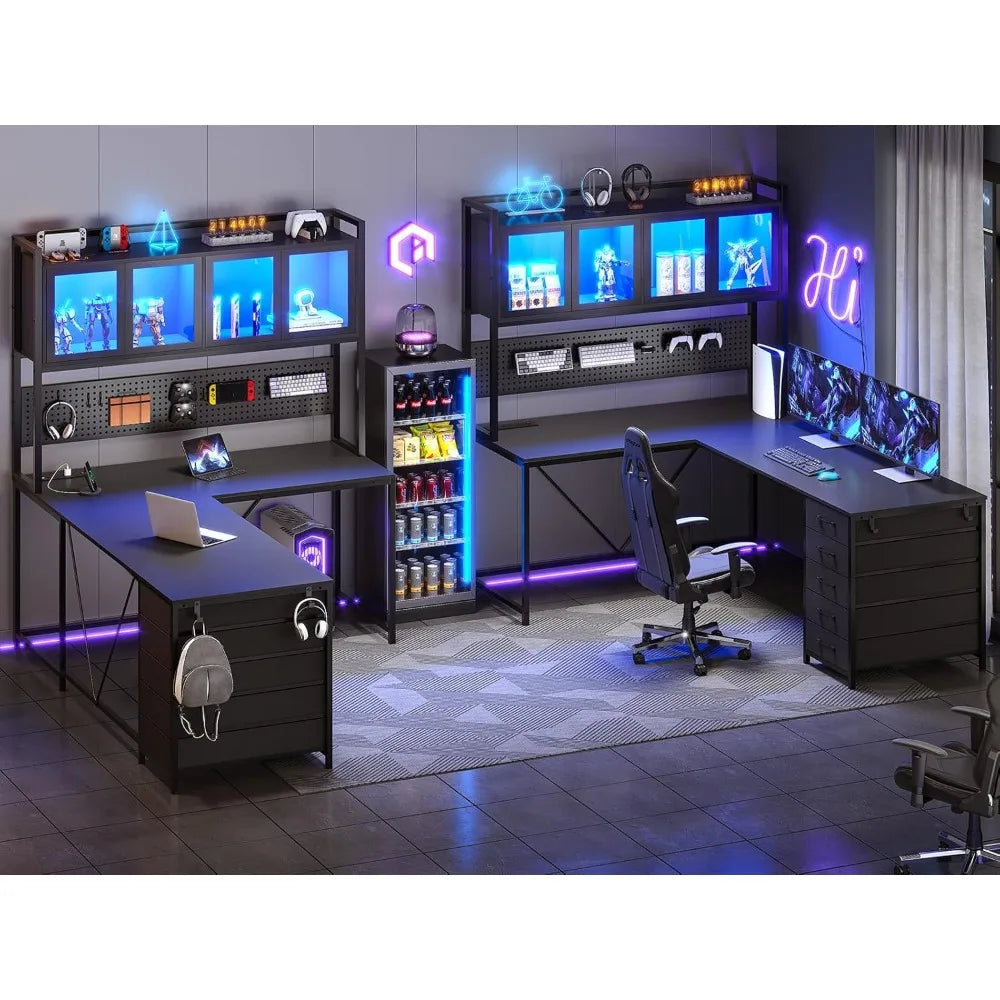 L Shaped Computer Desk with Hutch Storage Shelves LED Lights Power Outlet