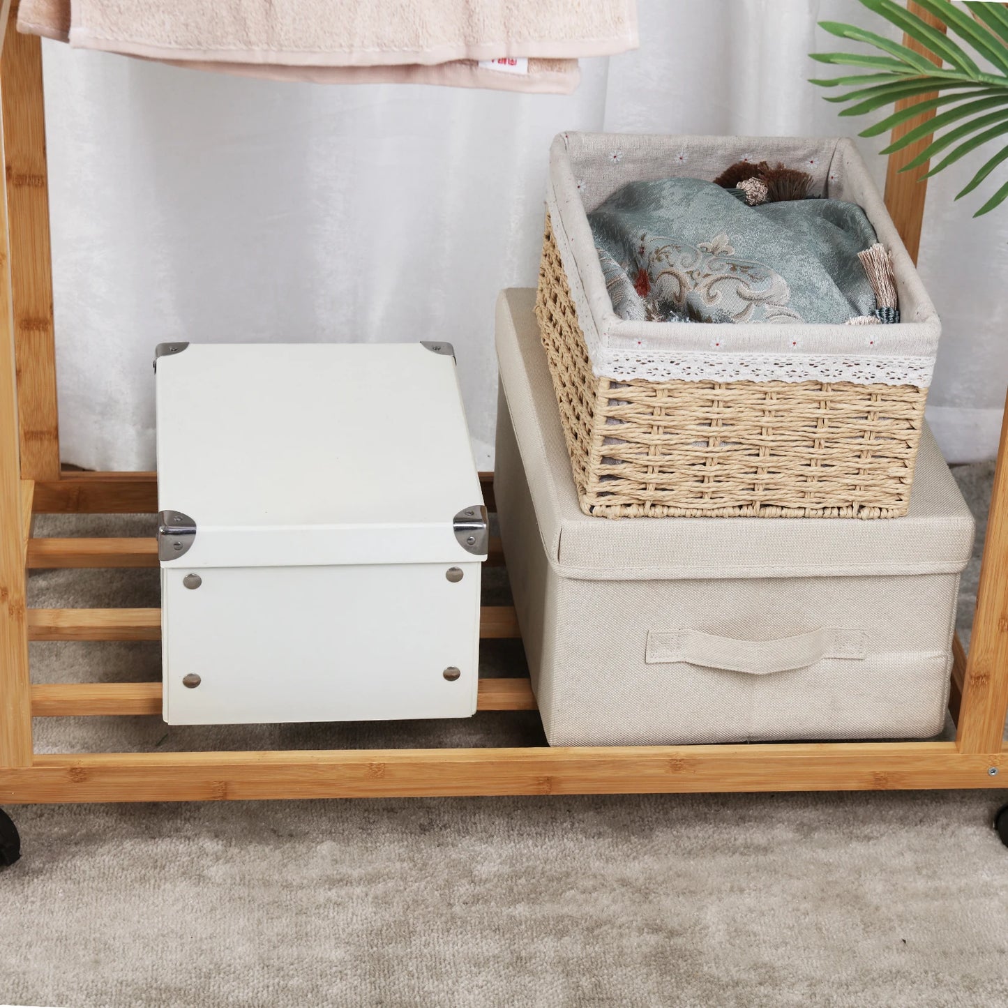 Ljustra Bamboo Clothes Rail Double Hanging Rack on Wheels with Shelves