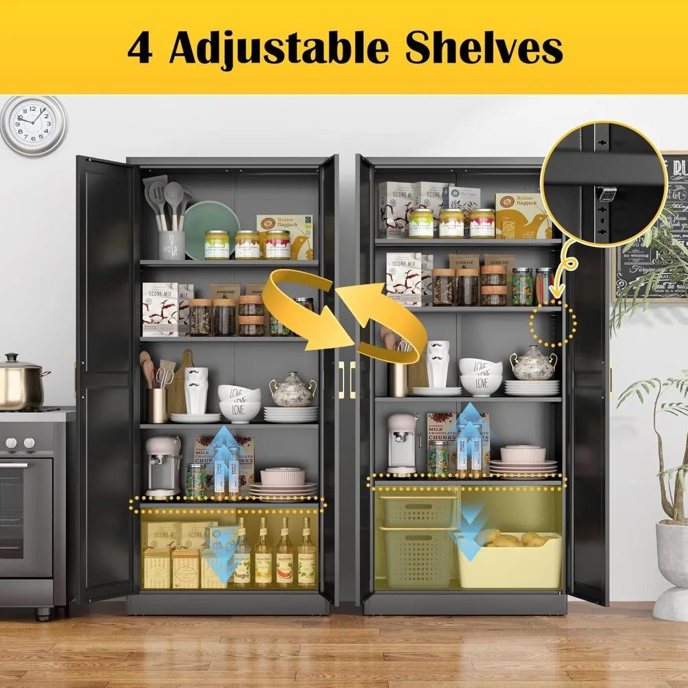 Kitchen Pantry Cabinet 71 Inch Metal Storage with Doors and Adjustable Shelves