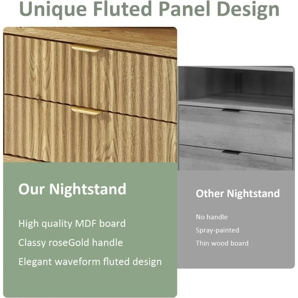 Fluted Nightstands Set of 2 Modern Wooden Bedside Tables Storage Drawers