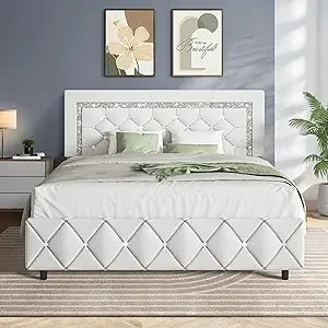 Ljustra Full Platform Bed Frame Upholstered Diamond Headboard