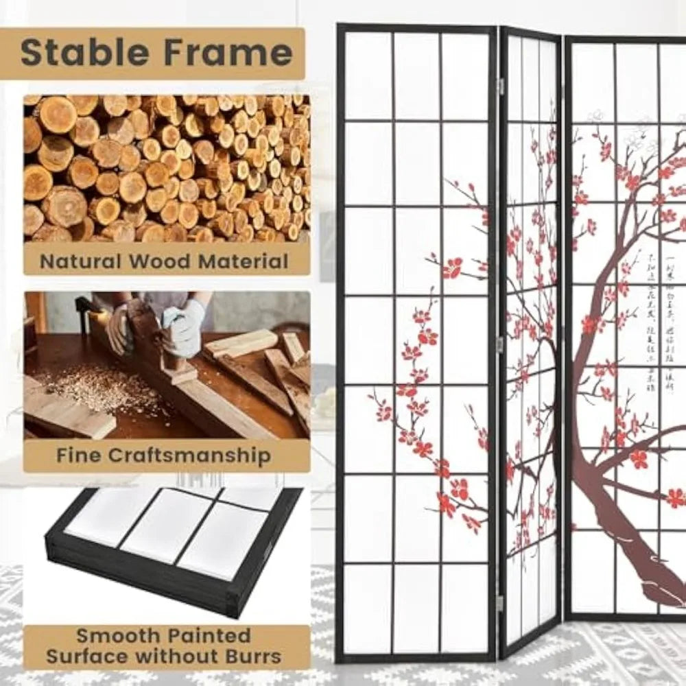 Japanese Style 4 Panel Room Divider Folding Shoji Screen Plum Blossom