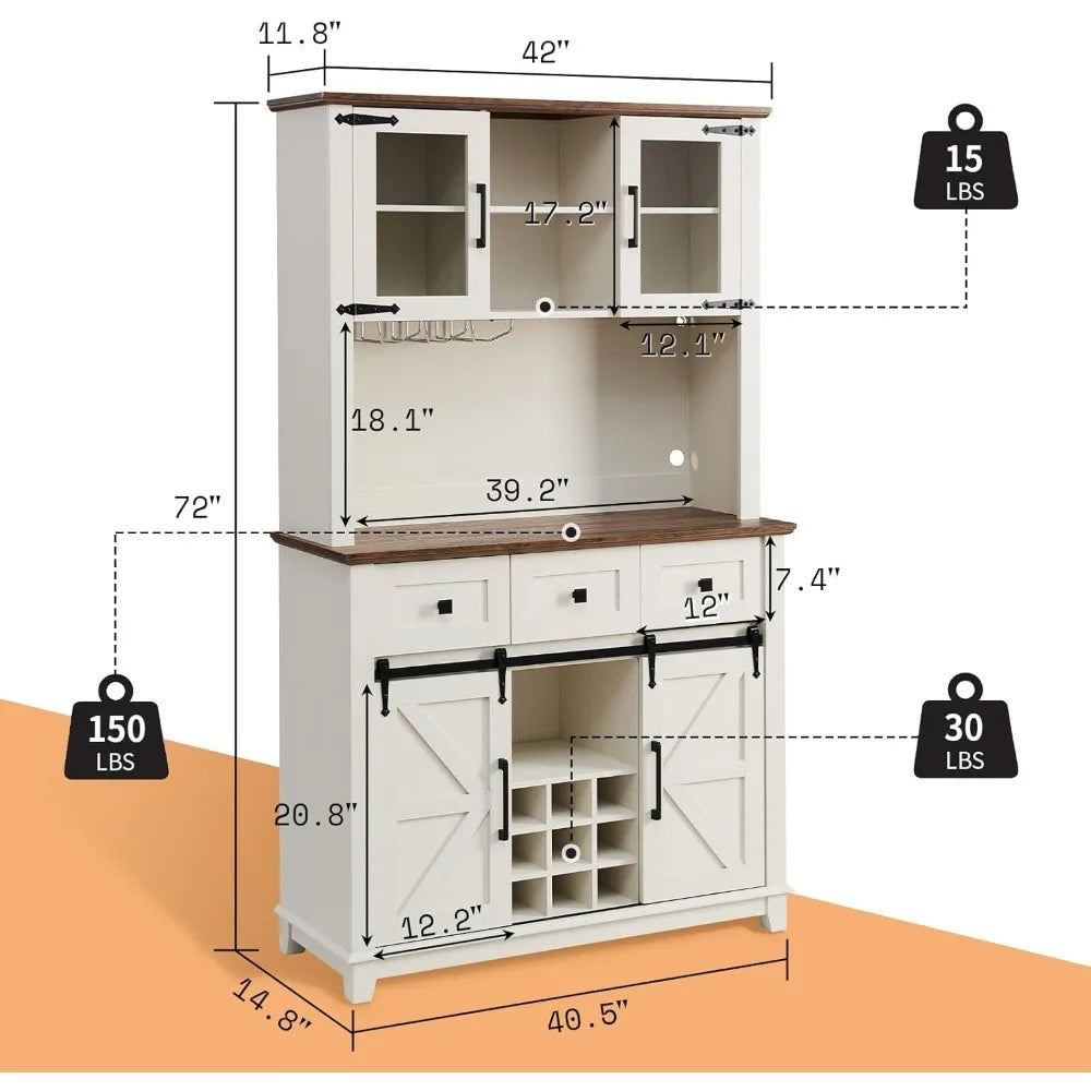 Coffee Bar Cabinet Sliding Barn Door 72" Farmhouse Sideboard Storage