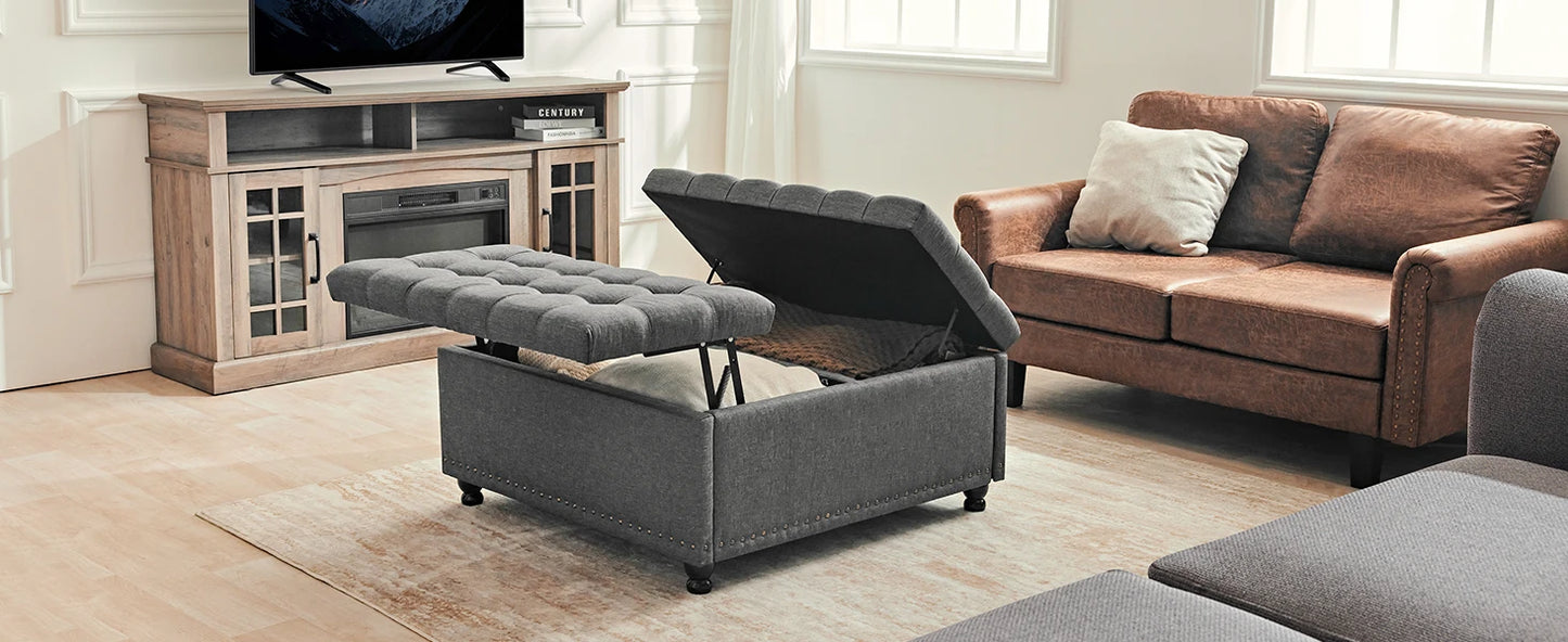 Large Square Storage Ottoman Bench Lift Top Upholstered Coffee Table