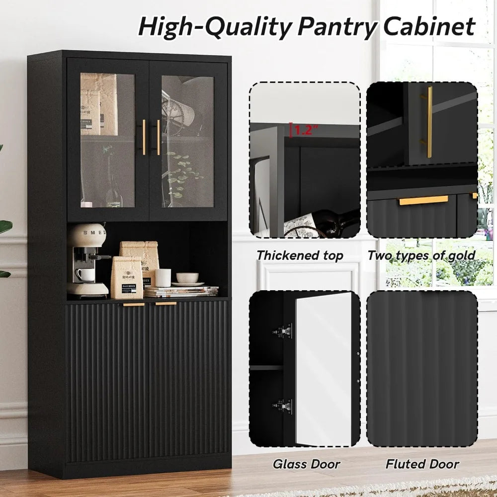 71 Inch Tall Kitchen Pantry Cabinet Fluted Storage with Glass Doors