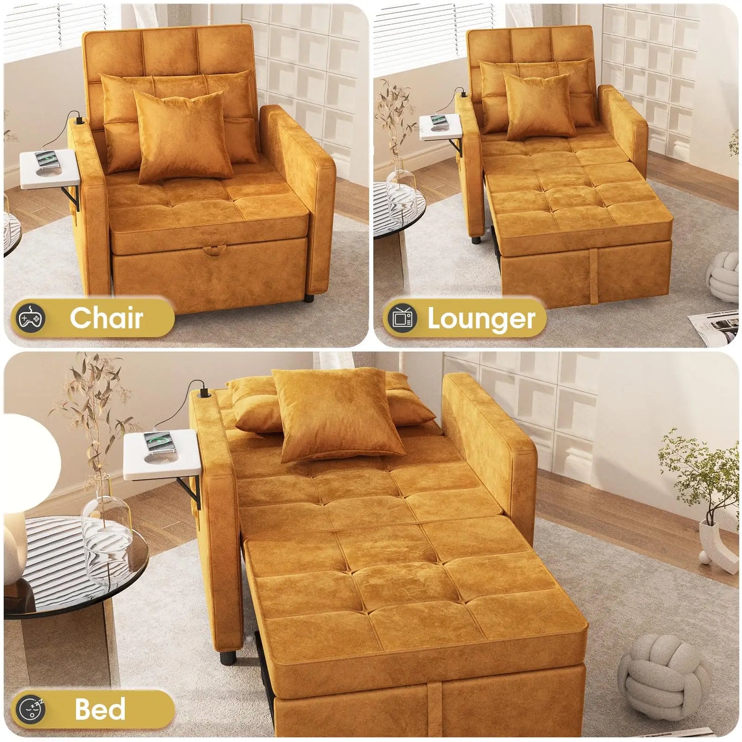 Ljustra Velvet Chaise Lounge Chair with USB Ports 3-in-1 Sofa Bed