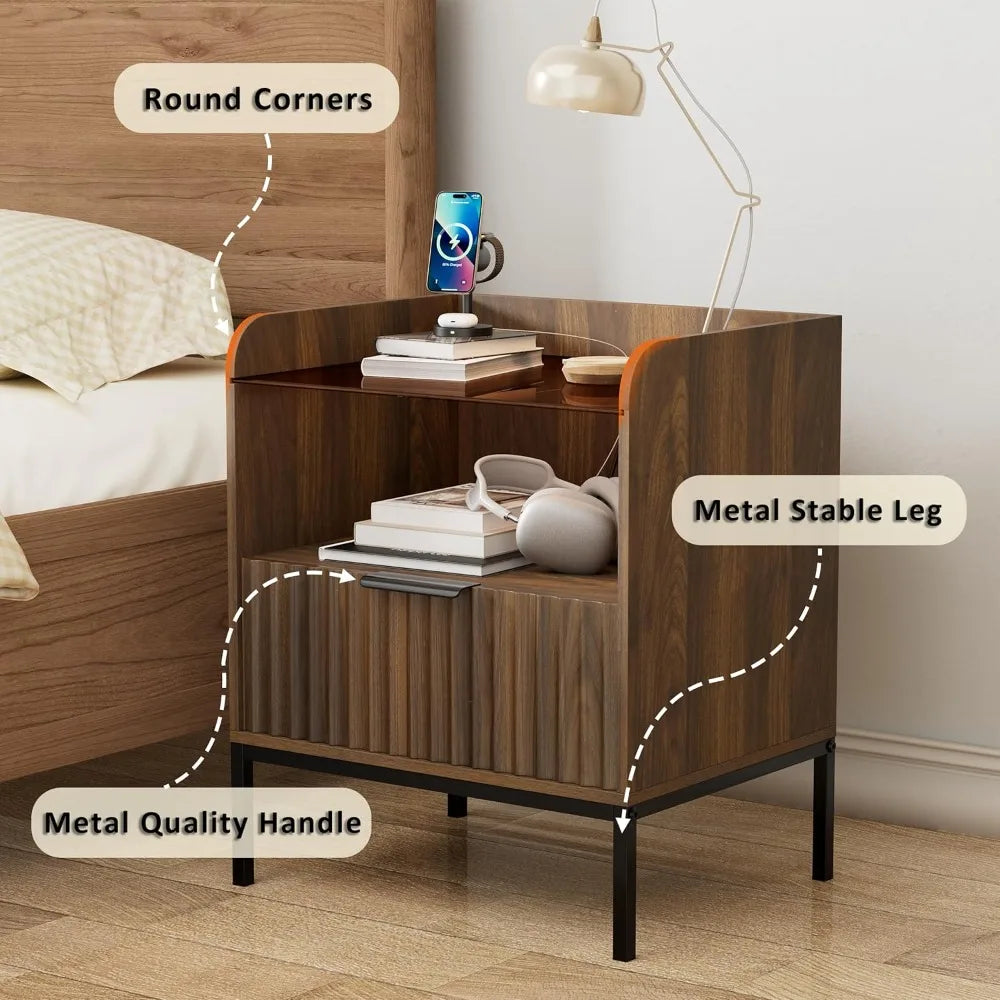Mid Century Modern Nightstand with Charging Station and Glass Top