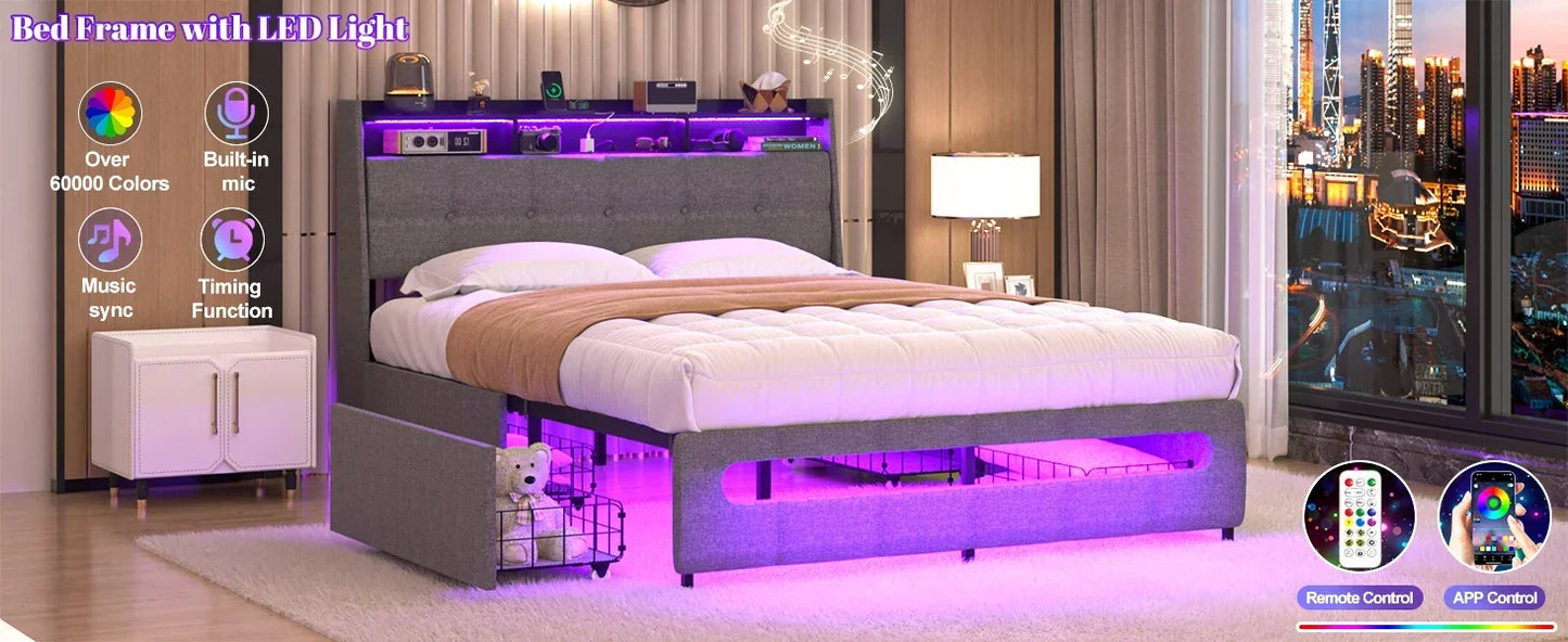 Ljustra Upholstered Full Bed Frame with Storage Headboard and LED Light