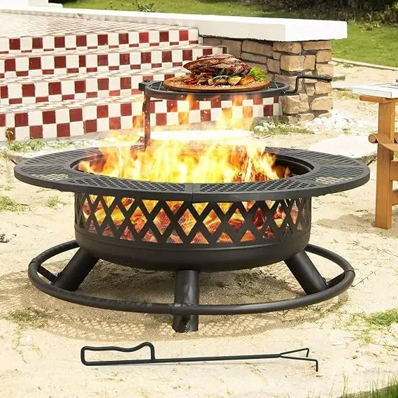 42 Inch Outdoor Fire Pit Table with Grill Wood Burning Metal Firepit