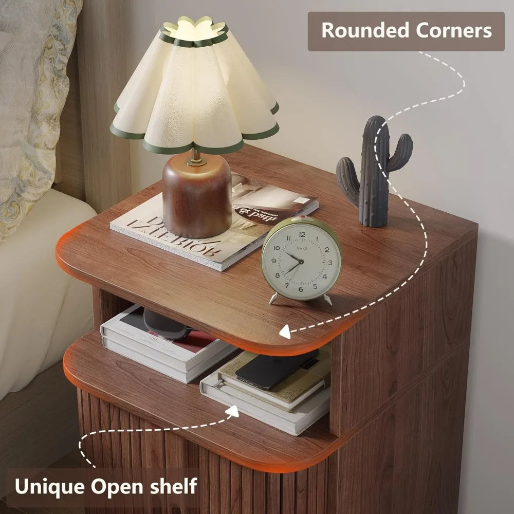 Fluted End Table Set of 2 Mid Century Modern Nightstand with Door