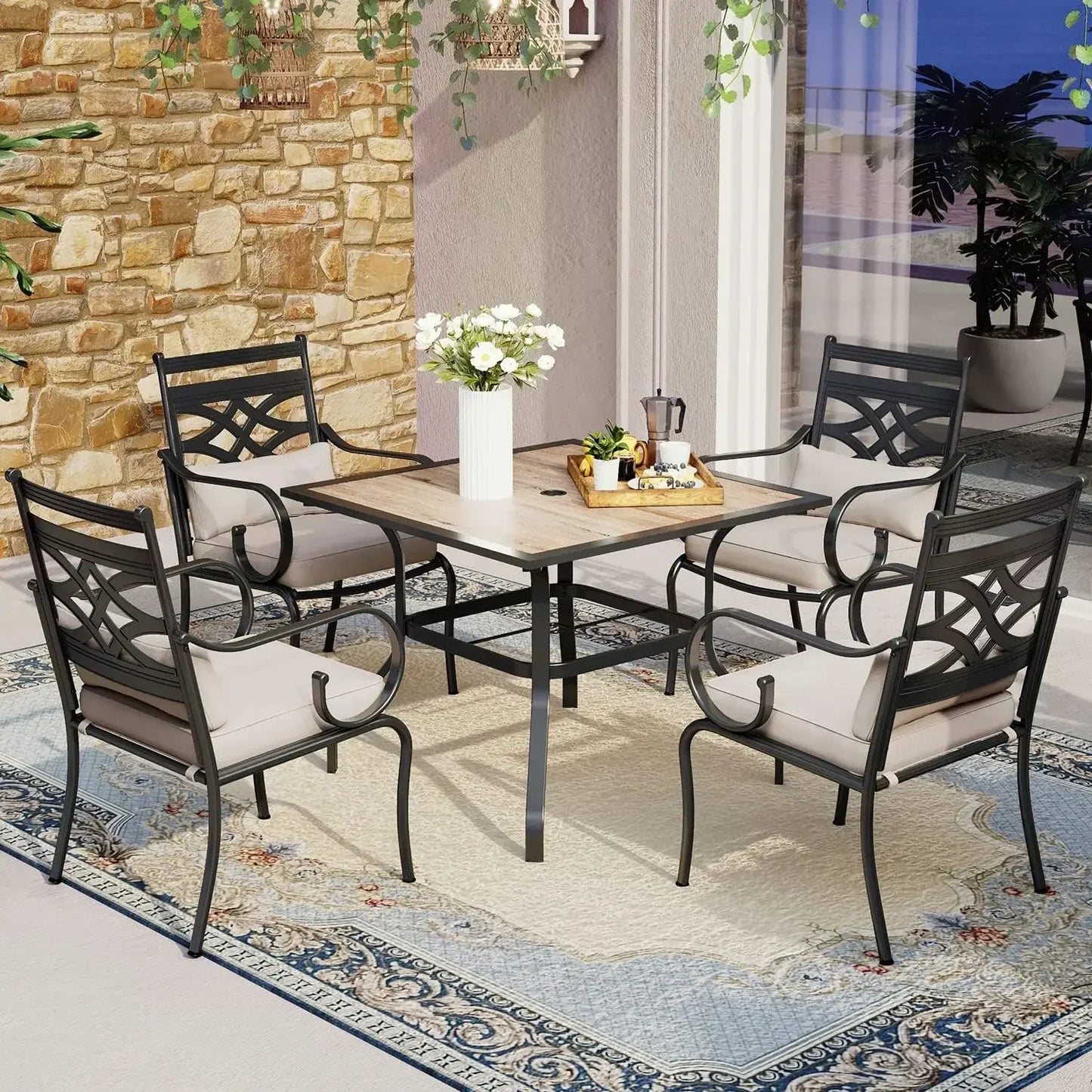5 Piece Patio Dining Set Swivel Chairs Square Table Outdoor Furniture