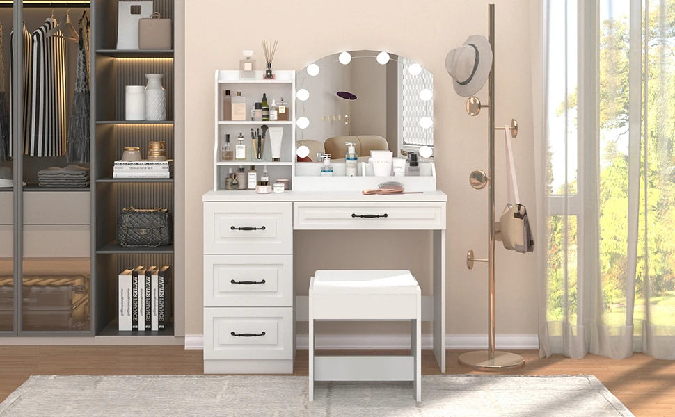Makeup Vanity Desk with Lights and Drawers Large Storage White Set