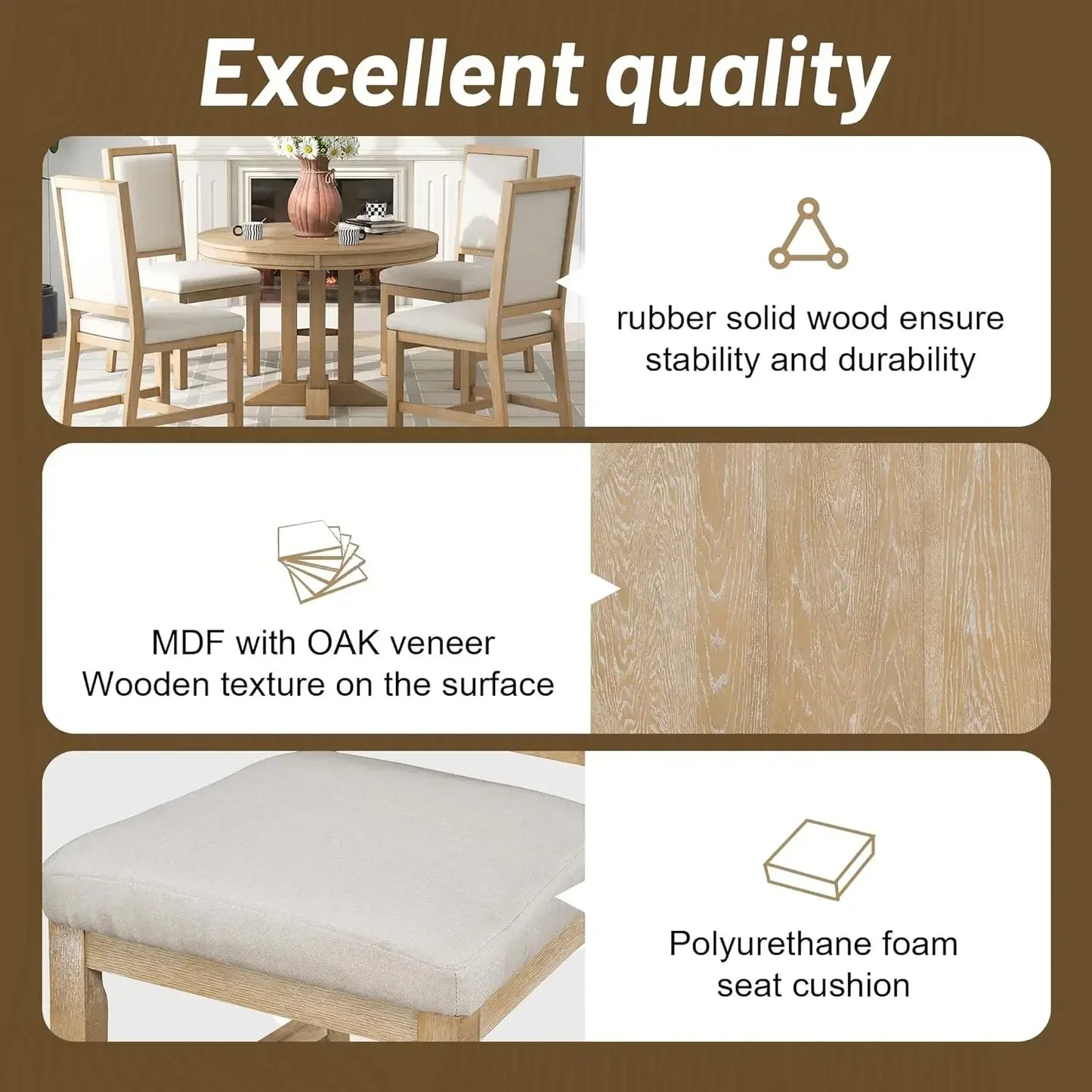 5-Piece Farmhouse Round Dining Table Set with 4 Upholstered Chairs