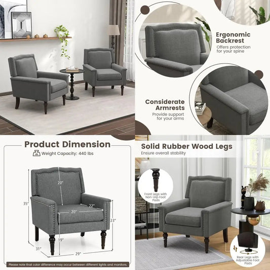 Mid Century Modern Accent Chair Set of 2 Grey Linen Rubber Wood Legs