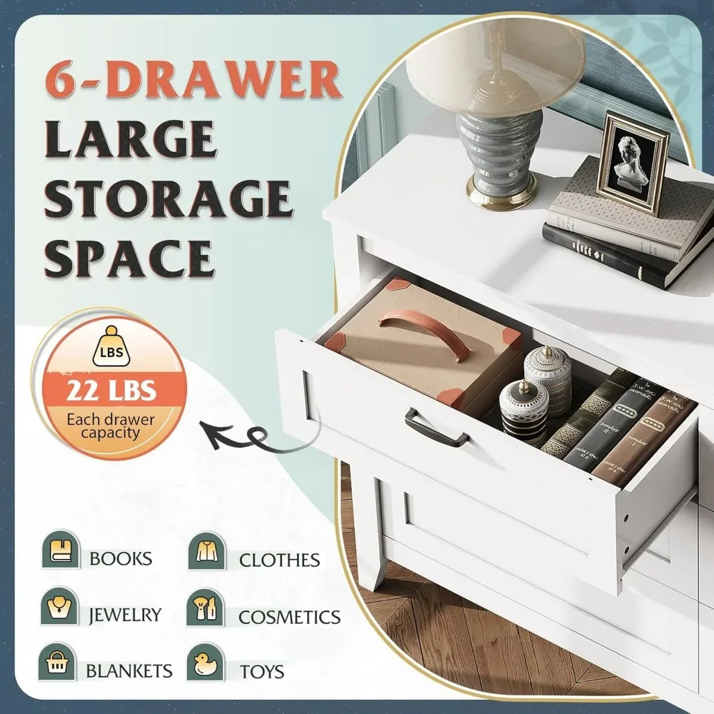 6 Drawer Retro Chest of Drawers Storage Cabinet for Bedroom Living Room