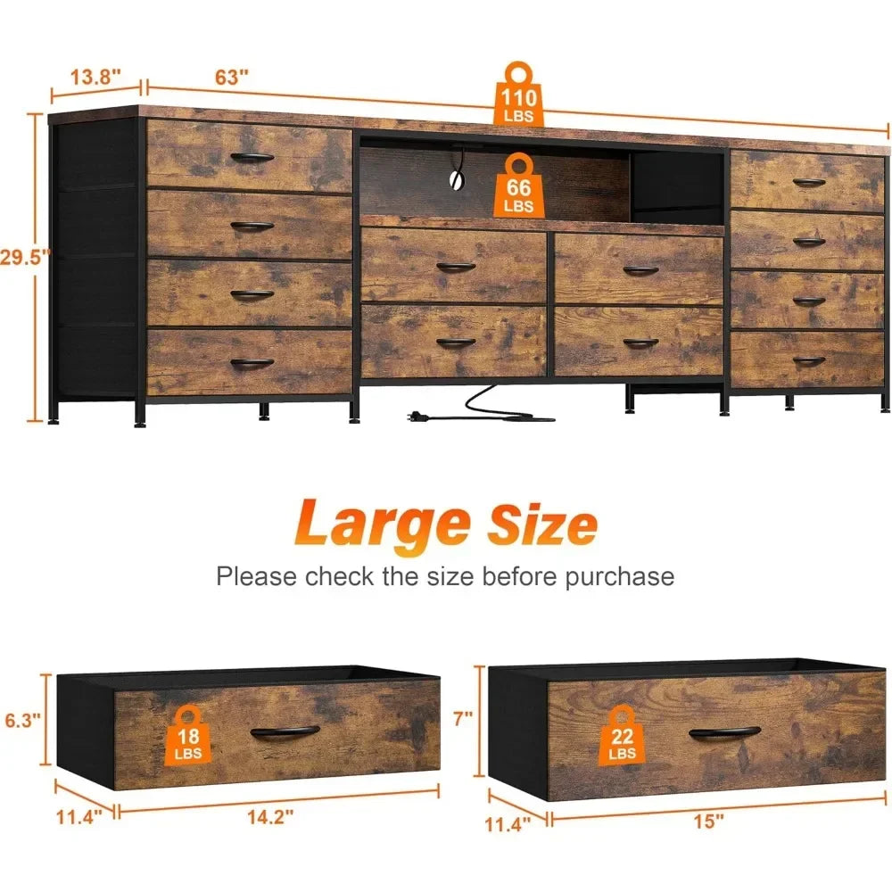 Ljustra 75 Inch TV Stand Dresser with LED Lights 12 Drawers and Outlets
