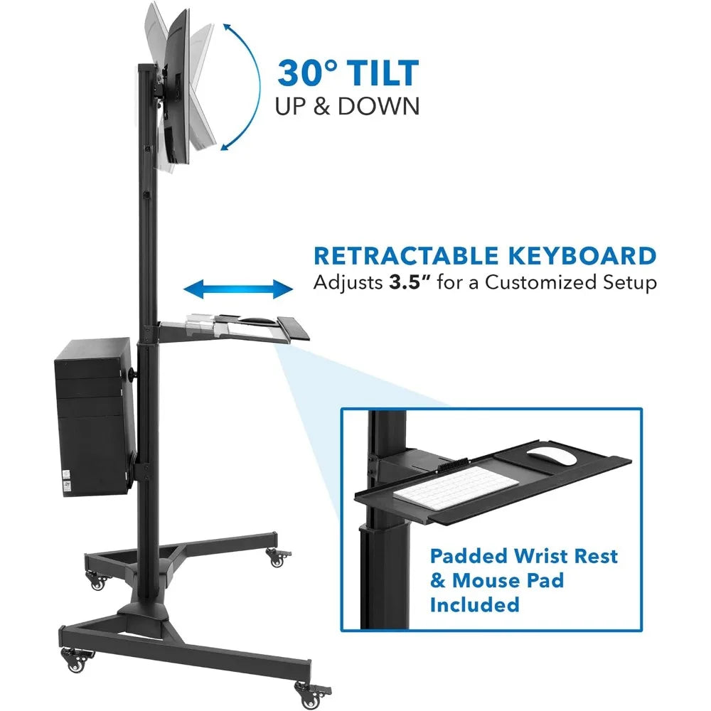 Adjustable Rolling Computer Cart Mobile Desk for Dual Monitors up to 32"