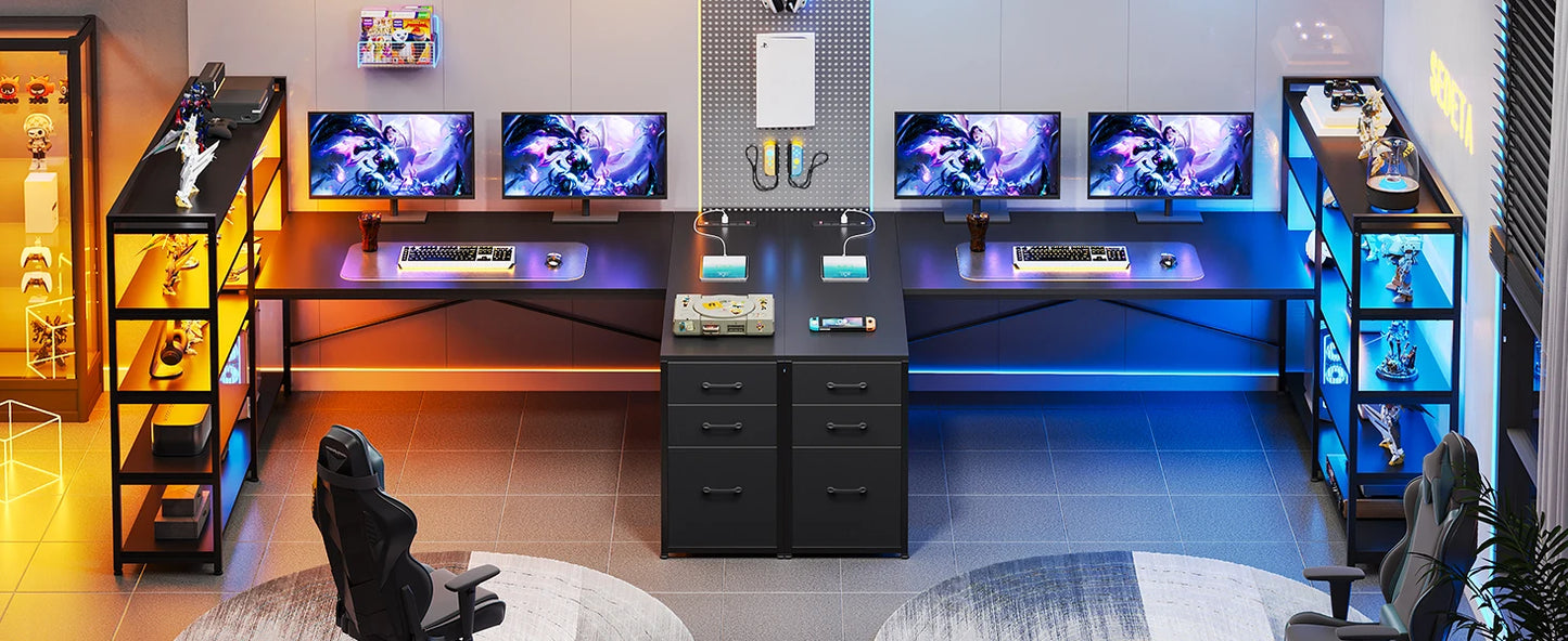 L Shaped Gaming Desk with Power Outlet LED Lights and Storage Shelves