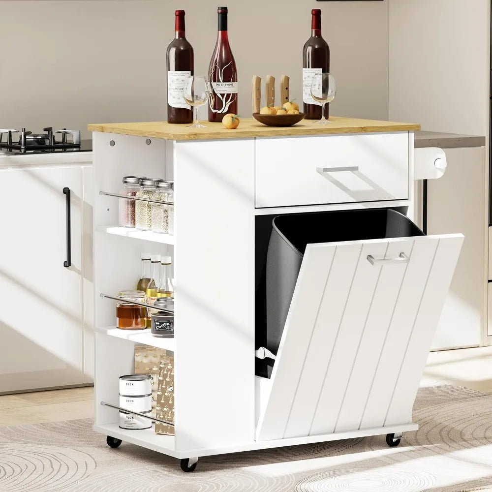 Rolling Kitchen Island on Wheels with Trash Can Storage and Spice Rack