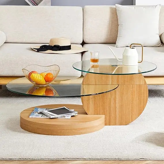Modern 42 Inch Round Glass Coffee Table 3-Tier Wood Shelves Living Room