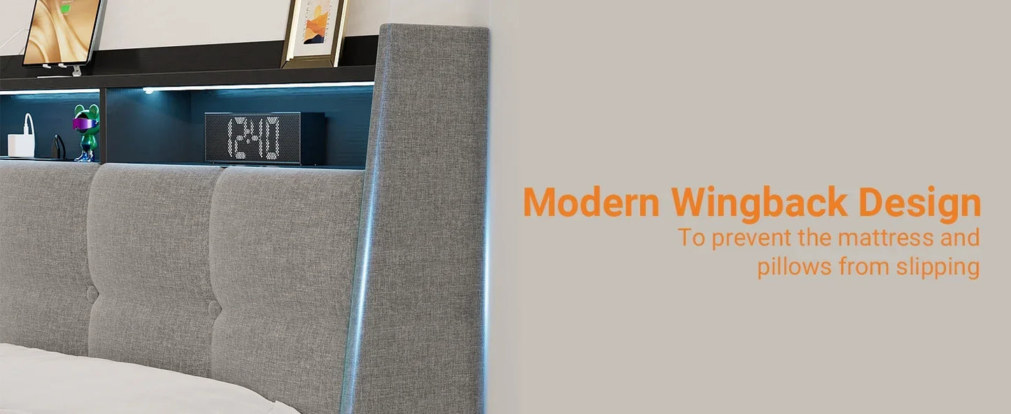 Ljustra Upholstered Full Bed Frame with Storage Headboard and LED Light