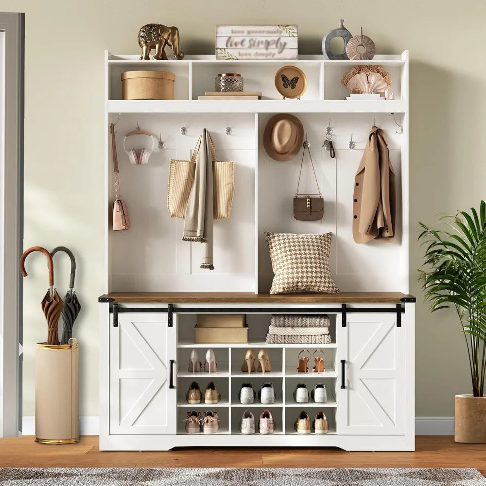 Farmhouse 58-Inch Entryway Hall Tree with LED Lighting Storage Bench