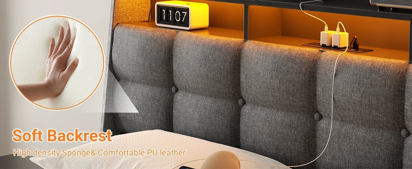 Ljustra Upholstered Full Bed Frame with Storage Headboard and LED Light