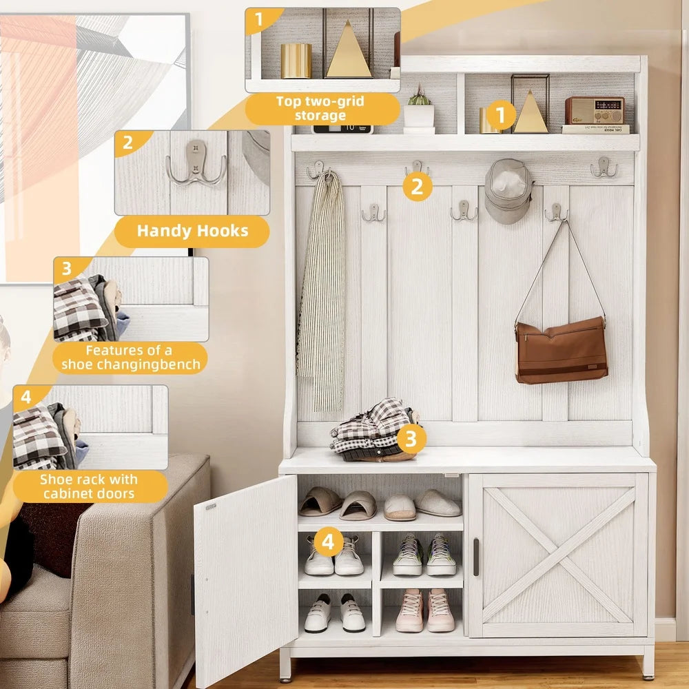 4-in-1 Freestanding Hall Tree Coat Rack Storage Bench Organizer