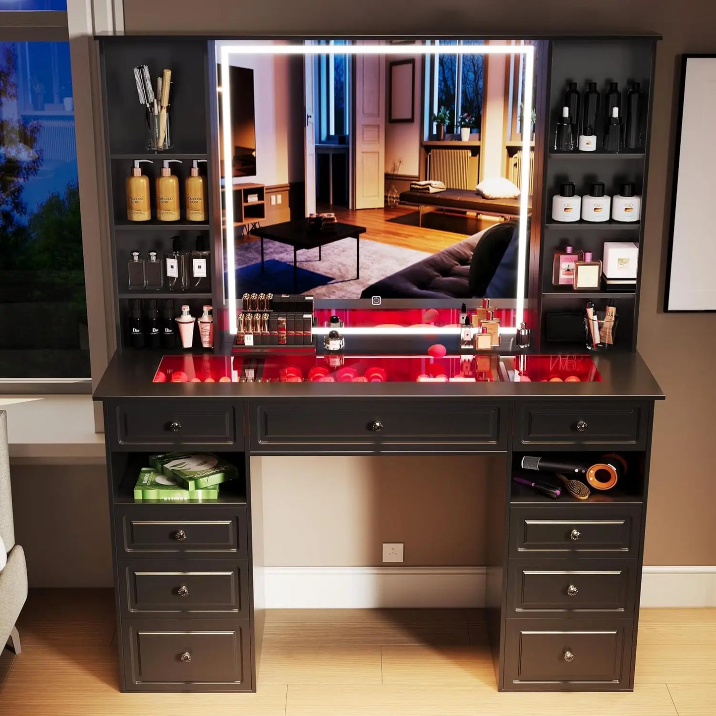 Vanity Table with Mirror and Light Storage Dresser with 9 Drawers
