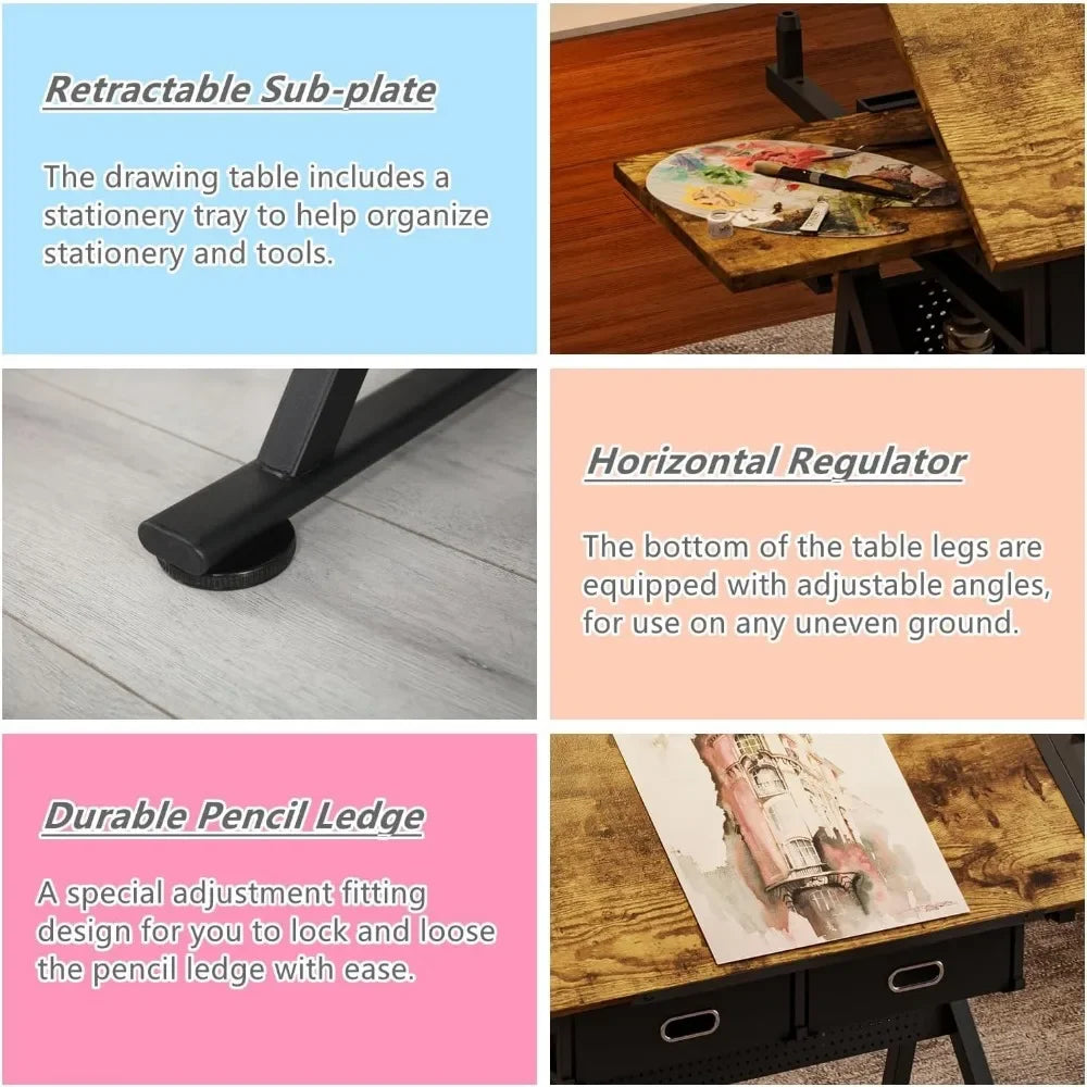 Adjustable Drafting Table Multi-Functional Drawing Desk with Stool