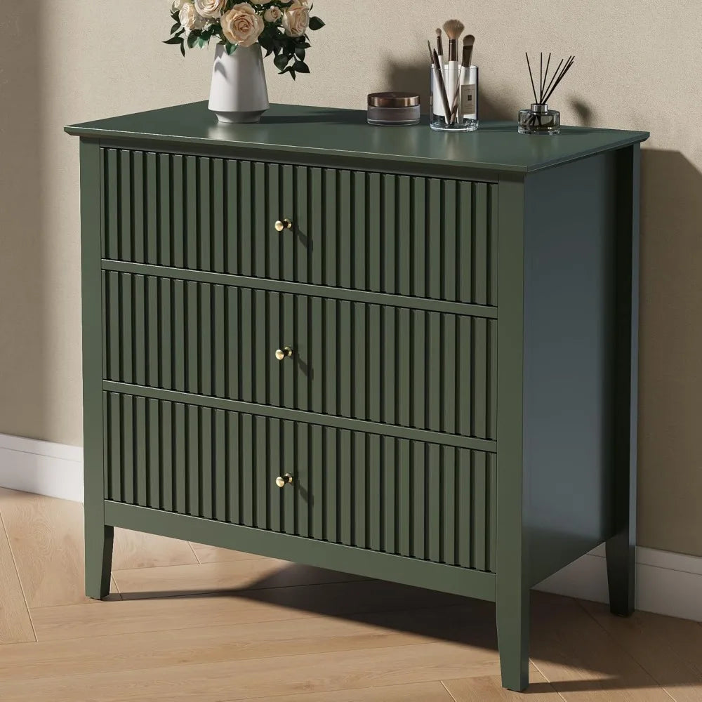 Green Fluted 3 Drawer Dresser Modern Wood Chest for Bedroom Living Room