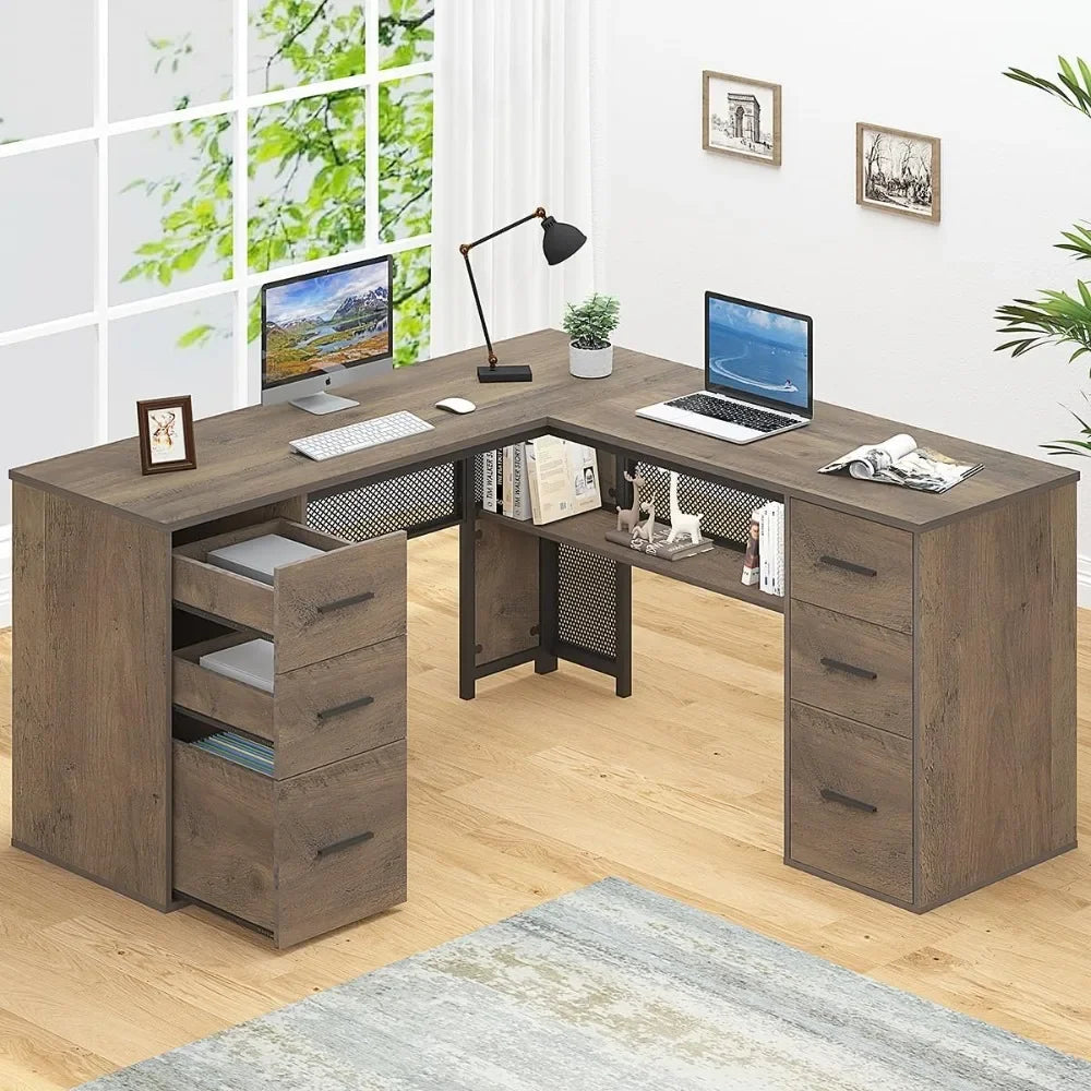 Large L Shaped Home Office Desk with Drawers Rustic Computer Desk