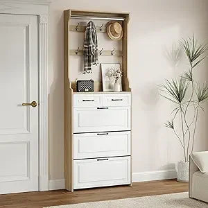 Hall Tree with Shoe Storage Farmhouse Entryway Coat Rack Organizer