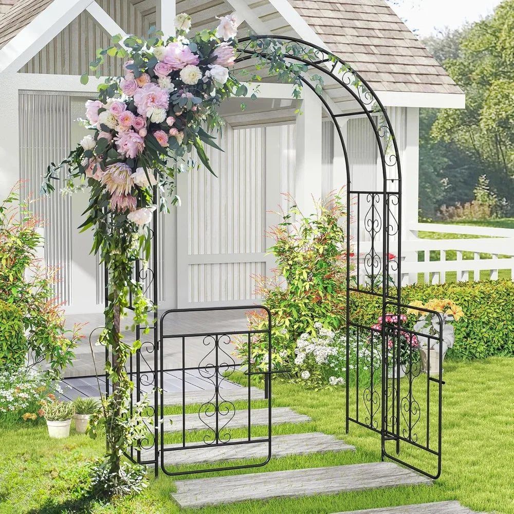 Garden Arbor with Gate Metal Arch Trellis for Climbing Plants 84" H